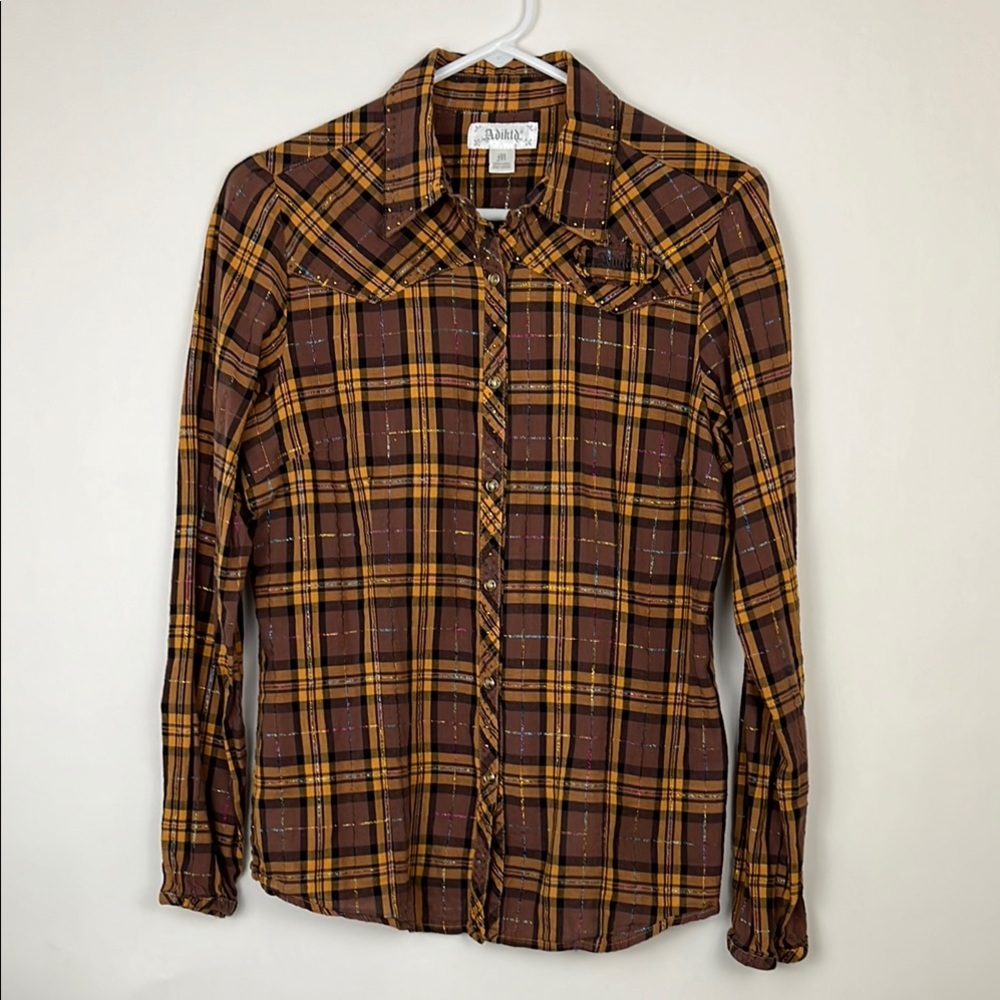 Adiktd snap-up collar shirt in brown and gold with metallic flossing det…